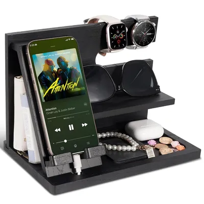Produktbild von Geschenk für Männer – Holz Handyhalter mit Schlüsselablage, Schreibtisch Organizer für Büro & Schlafzimmer, für Schlüssel & Uhr
