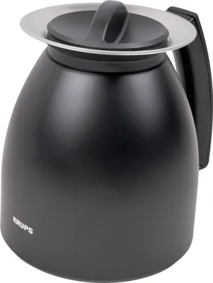 A black Krups brand thermos carafe is shown against a white background.