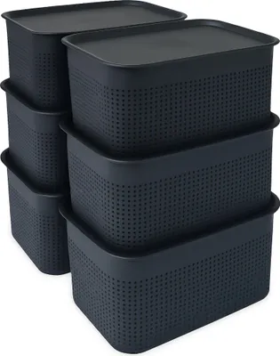 Image de Lot de 6 boîtes de rangement Relaxdays, avec couvercle, boîtes de rangement de 5 L, dimensions : 13 x 26,5 x 19 cm, boîtes empilables en plastique, noir