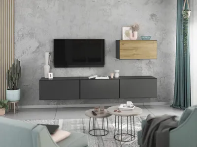 Produktbild von Wohnwand VARIANTO 4 Schrank Set 4 tlg., 228 cm, anthrazit matt / anthrazit matt / Evoke Eiche M1, Wandhängend, 4 Schränke mit Klappen und Softclose