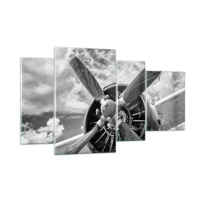 Produktbild von Bilder auf glas - 4 Teile - Motor Schwarzweiß Propeller - 120x70cm - Glasbilder - Wandbilder - Bilder - Wanddekoration aus Glas - Glas Bilder - Wandbild auf Glas - GDL120x70-4289