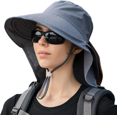 Imagen del producto de Sombrero para mujer con cuello y ala ancha, protección UV, tipo cubo, con correa para la barbilla, ideal para actividades al aire libre en verano, como senderismo, ciclismo, etc