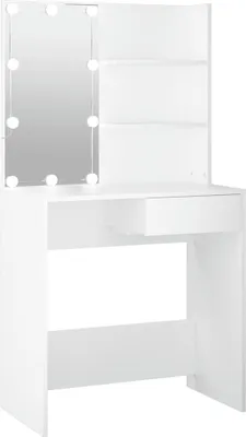 A white vanity table with a mirror and LED lights.