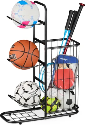 Immagine prodotto di Portapalle Relaxdays, 3 supporti rimovibili, per pallacanestro, calcio, porta attrezzi sportivi con canestro, metallo, nero