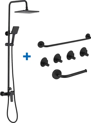Produktbild von Auralum 2-Funktion Duschsystem + Edelstahl Handtuchhalter 6-teiliges Set, Duschset mit Regenkopf, Handbrause, Schwarz