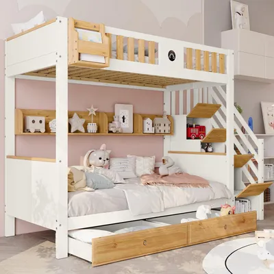 Obrázek produktu pro okwish Dětská palanda 90×200 se zásuvkami a 4 úložnými skříňkami, patrová postel s otevřenou policí, dvoulůžko v bílé barvě, bez matrace