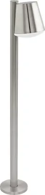A silver outdoor standing lamp with a conical shade is shown against a white background.