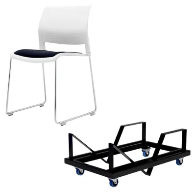 Produktbild von Stapelstuhl Kufengestell Sitzschale weiß mit Sitzpolster, 30er Set Besucherstühle Kunststoff mit Rollwagen, Konferenzstuhl H81,5 x B49 x T56,5cm für Wartebereich, Empfang und Schulungsräume
