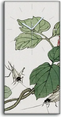 Produktbild von Wanduhr Bürouhr Leinwand Bild 30x60 Malerei Asiatische Blüten Blätter Insekten - weiße Hände
