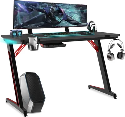 Produktbild von Sessamen-LP Herní stůl Herní stůl LED počítačový stůl s držákem na nápoje, háček na sluchátka PC stůl v Z-rámu pro domácí kancelář, 120 x 60 cm