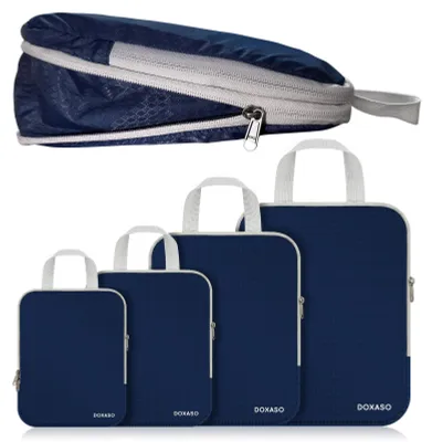 Produktbild von Kompressions-Packwürfel Reisewürfel Organizer - Wasserabweisend - Dunkelblau - 4er-Set