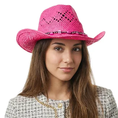 Immagine prodotto di Cappello da cowboy estivo in paglia per donna, cappello da cowgirl western con decorazioni a perline, taglia unica, rosa
