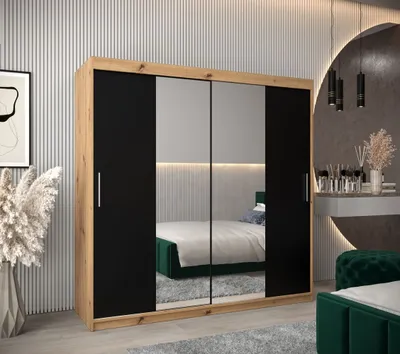 Produktbild von Schwebetürenschrank mit einer Breite von 200 cm TIMEA 1 – Eiche Artisan / Schwarz