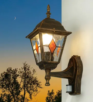 Immagine prodotto di Lampada da parete per esterno cortile IP44 con rilevatore di movimento rame E27 metallo alluminio Lampada da parete stile Tiffany per esterno
