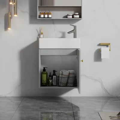 Produktbild von Badezimmermöbel Waschbecken mit Waschtischunterschrank 46 cm , Waschtischunterschrank , Waschtischunterschrank hängend , Kleine Gästebadmöbel