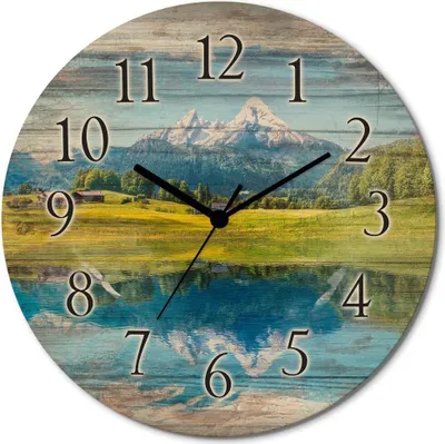 Produktbild von ARTland Holz Wanduhr Funkuhr - schwarzer Zeiger Landschaft in den Alpen Größe: 30x30 cm