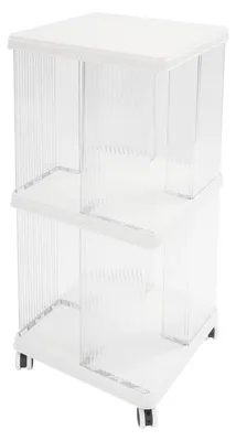 Immagine prodotto di Libreria girevole e portariviste - 2 ripiani con rotelle - 4 rotelle piroettanti (2 con freno) - Plastica PET e ABS - 36×36×72,5 cm - Bianco/trasparente