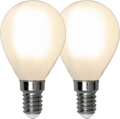 Produktbild von Star Trading 339-09 Filament LED, F, 2er Pack E14, Kugelform, gefrostet, 2700 K, 80 Ra, 250 LM, ca. 4,5x8 cm, 230 V / 2,5 W, (entspr. 25 W), Vierfarb-Karton