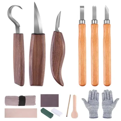 Productafbeelding van Houtsnijgereedschap, 14 stuks, snijset met slijpsteen en handschoenen