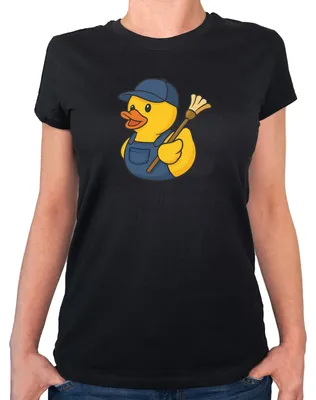 Produktbild von Huuraa Damen T-Shirt Quietscheente Hausmeister Comic Gummiente M Black Bio Baumwolle Fairtrade Damenshirt Geschenkidee