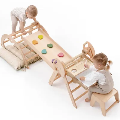 Produktbild von 5-in-1 Klettergerüst Indoor aus Holz mit Rutsche – Kletterdreieck Montessori für Kinder ab 1 Jahr, Indoor Spielplatz Baby Kletterset & Kunstset