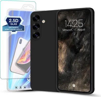 A black smartphone case and screen protector are displayed against a white background.