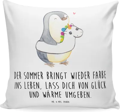 Produktbild von Mr. & Mrs. Panda Sofakissen Sommerfarben - Weiß - Geschenk, Frühling, Strand, Summer Vibes, Kuscheln, Dekokissen, Sommerferien, Kuschel Kissen, für sofa, Kuschelkissen