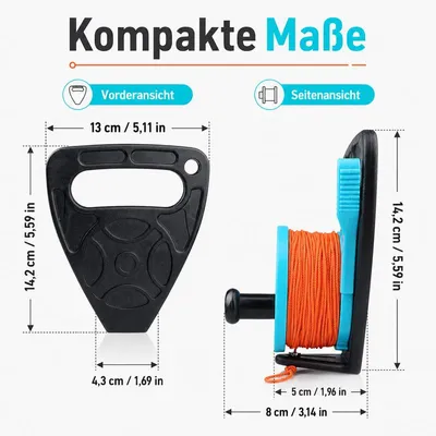 Produktbild von Tauchspule 150ft Daumenstopp – PC+Nylon, blau, Leinenrolle | Fingerspule für Höhlentauchen & Kajak