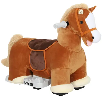 Produktbild von Fahrbares Reitpferd für Kinder, weicher Bezug, Batteriebetrieb, Musik, Räder, 1,5-5 Jahre, Braun