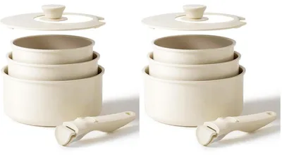Obrázok produktu pre Sada hrncov s odnímateľnými rúčkami, s nepriľnavým keramickým povrchom, 16/18/20 cm, 3-v-1 pokrievka, vhodné pre indukčné varné dosky, vhodné do rúry, béžová farba, sada pozostávajúca z 2 kusov
