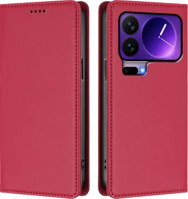 Image de Etui en cuir pour Xiaomi 17 Pro, étui magnétique en cuirPolyuréthaneavec support Rouge