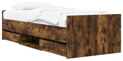 Image de Cadre de lit avec tiroirs, en bois massif de chêne fumé