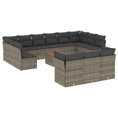 Produktbild von Modulare Garten-Sofagarnitur, 14-teilig, Grau, Poly Rattan, Akazienholz-Tisch, Stauraum mit wasserabweisendem Beutel, UV-beständig, inkl. Kissen