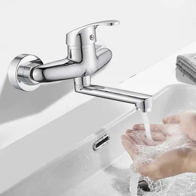Obrázek produktu pro Nástěnná kuchyňská baterie s otočným ramenem o 360 stupňů, baterie k dřezu s otočným výtokem, nástěnná baterie s výtokem vpravo, 16 cm