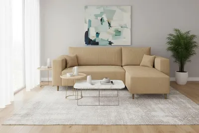 Produktbild von Ecksofa RIO, Eckcouch in L-Form mit Schlaffunktion und Bettkasten, Farbe: Beige, Cordstoff, Ottomane Universal