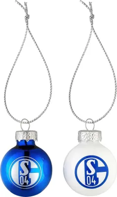 Two Christmas ornaments, one blue and one white, with the FC Schalke 04 logo.