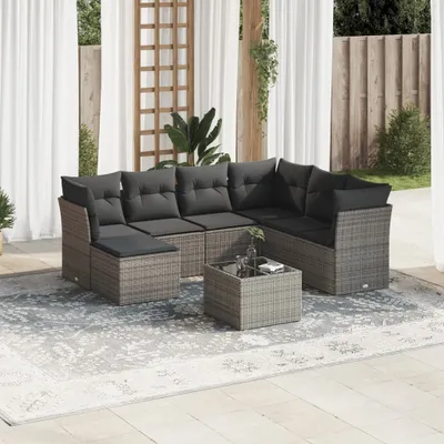 Produktbild von Design 8-tlg. Garten-Sofagarnitur mit Kissen Grau Poly Rattan, Gartenmöbel-Sets 2024 Neu