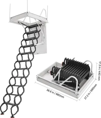 A VEVOR attic ladder is shown in both extended and folded states, with dimensions indicated.