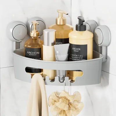Obrázek produktu pro Polička do sprchy, bez vrtání, s přísavkou, rohová, extra silná, šedá, střední velikost