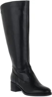 A black leather boot on a white background.