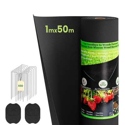 A roll of black weed barrier fabric and a bundle of metal stakes.