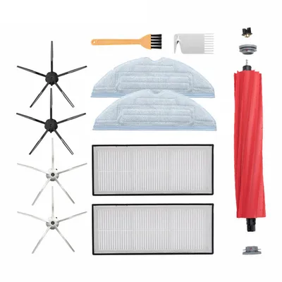 A collection of replacement parts for a robotic vacuum cleaner, including brushes, filters, and cleaning cloths, laid out on a white background.