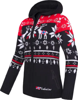 Produktbild von Nebulus Norweger Jacke Hoody NORMAX Damen, mit Kapuze, schicker Pullover im Norweger-Style, P6397 - Damen, schwarz-rot, M/38