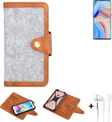 Produktbild von K-S-Trade Handyhülle + Kopfhörer kompatibel mit Oppo K7x Schutzhülle Filz Hülle Kunstleder hellgrau braun (1x)