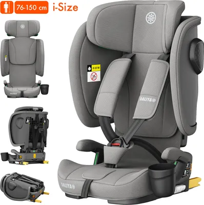 A collage of images showing a gray child car seat from different angles, including close-ups of its features and components.