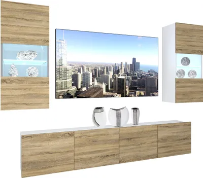Produktbild von BELINI Wohnwand Vollausstattung Wohnzimmer-Set Moderne Schrankwand mit LED-Beleuchtung Weiß Glänzend Anbauwand TV-Schrank Sonoma Eiche Matt