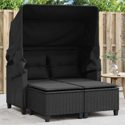 Produktbild von vidaXL Gartensofa 2-Sitzer mit Dach und Hockern Schwarz Poly Rattan