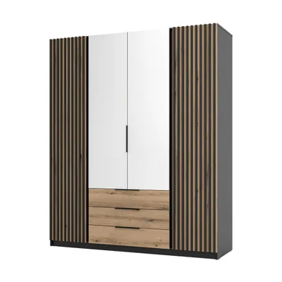 Produktbild von Garderobenschrank KORA V Schwarz/Eiche Evoke mit Lamellentüren, Spiegel, Schubladen - Kleiderschrank für Flur, Schlafzimmer, Ankleideraum mit Stauraum
