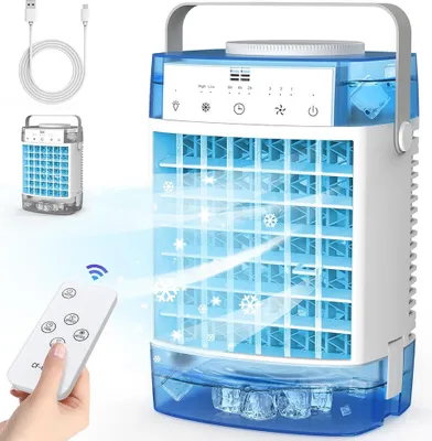 Obrázek produktu pro Přenosný ventilátor s dálkovým ovládáním 4 v 1, mini odpařovací chladič vzduchu, klimatizační zařízení s USB a rukojetí, časovač a 7 barevných světel, 2 režimy mlžení, modrá barva