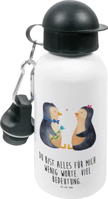 Produktbild von Mr. & Mrs. Panda Wasserflasche Pinguin Pärchen - Weiß - Geschenk, Trinkflasche für den Kindergarten, Kinder, Verlobung, Liebe, Trinkbehälter, Getränkeflasche, Hochzeit